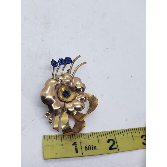 Vintage 1/20 12K Gold Filled Floral Brooch 3D Blue Rhinestones Two Harry Iskin - Picture 10 of 10